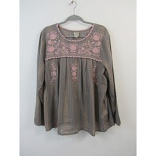 Sister Mary XL Gray Boho Blouse Pink Embroidery Metallic Stripes Long Sleeves picture