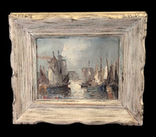 1940s Original Oil Painting on Board | Harbor Fishing Boats Framed Italy picture