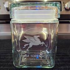 Mobil Pegasus Team Torrance Clear Glass Advertising Jar with Lid Gas & Oil picture
