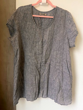 FLAX Gray Linen Woven Tunic Blouse Cap Sleeve Scoop Neck Relaxed Pleated L picture