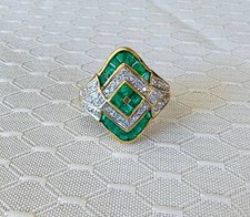 18K Yellow Gold Vintage Elongated curved ring with emeralds (1.57cts) and diamo picture