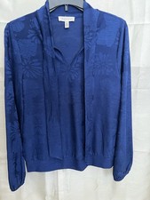 Rio & Rian Women's Blue Floral Jacquard V-Neck Tie Bow Puff Sleeve Blouse M picture