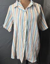 Vintage BonWorth Pastel Candy Striped Seersucker Crinkle Shirt Blouse Size Large picture