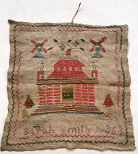 1836 Sarah Smith Antique English Schoolgirl Sampler House Windmills Birds Folk picture