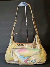 Magnifique Hand Painted Leather Hobo Bag Abstract Cubist Art EUC Vintage 90s picture