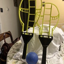 1975 Wham O MFG Trac Ball  blue ball rare lime green and black Raquets  picture