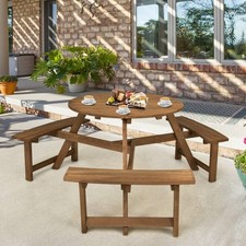 Outdoor Solid Wood Round Picnic Table Set with Umbrella Hole and 3 Benches picture