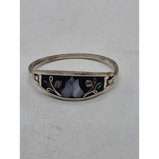 Vintage Alpaca Mexico Mother of Pearl Abalone Inlay Hinged Bangle Bracelet picture