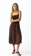 NWT H&M Size M Smocked Strappy Dress Dotted Brown Midi picture