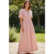 Primark Women Red Cream Striped V-Neck Puff Sleeve Maxi Dress Size 10 NEW picture