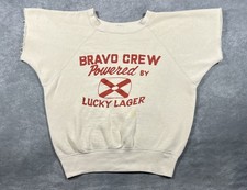Vintage 60s Mayo Spruce BRAVO CREW Lucky Lager Men's Cream Sweatshirt Size L picture