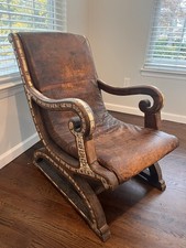 Antique Moroccan Leather Chair Solid Wood Camel Bone Inlay Handmade One of Kind picture