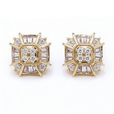 Unisex Dazzling 14K Yellow Gold Baguette & Round CZ Stud Push Back Earrings picture