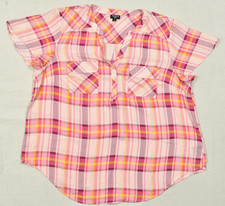 Torrid Harper Blouse Womens Size 2 2X Pink Yellow Plaid Flutter Sleeve Pullover picture
