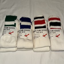 Deadstock Vtg Men’s Audubon 8 Pr Cushion TUBE SOCKS Mid Calf 10-14 Large Striped picture