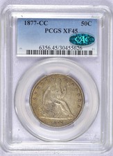 1877-CC SEATED LIBERTY HALF DOLLAR PCGS XF45 CAC CHOICE ORIGINAL CARSON CITY picture