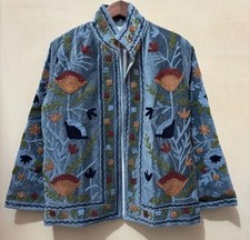 Handmade Embroidered Velvet Jacket Blue Floral Boho Hippie Coat picture