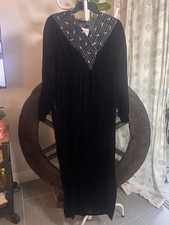 VTG Georgette Trabolsi Black Velvet Maxi Pocket Lounger Dress Beaded Collar Gown picture