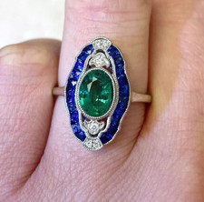 2.25Ct Art Deco Style Lab-Created Emerald Sapphire Halo Wedding Ring 925 Silver picture