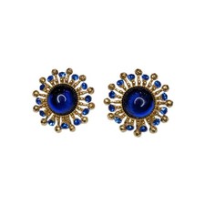 Vintage Kovonchy Signed Cobalt Blue Glass Cabochon Sunburst Earrings  picture