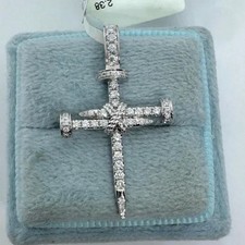0.80Ct Round Cut Real Moissanite Nail Cross Pendant 14K White Gold Plated Silver picture