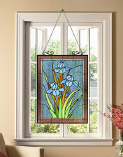 25-inch Antique Vintage Style Iris Stained Glass Window Hanging Suncatcher Panel picture