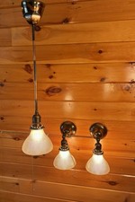 Antique 20s 30s Copper Flash Japanned Light Sconces & Petite Pendant Fixture Set picture