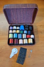 Vintage Sewing Kit In Faux Woodgrain Hinged Box Thimble Thread Needles Threader picture