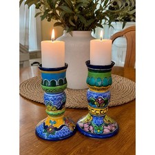 Guty Hernandez Talavera Hand Painted Pottery Candlesticks Puebla Mexico Set of 2 picture