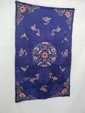 Vintage Chinese silk Embroidery Panel Blue Satin Floral Needlework picture