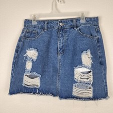 Romwe Women's Frayed Denim Jean Skirt Size L Distressed Country Western Festival picture