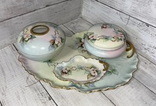 Atq LIMOGES 6 Pc Hand Painted Tri-color Embossed Porcelain Dresser Vanity Set picture