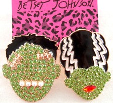 NEW BETSEY JOHNSON ASYMMETRICAL FRANKENSTEIN & BRIDE CRYSTAL HALLOWEEN EARRINGS picture