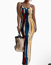 Women’s M Multicolor Abstract Square Neck Strappy Stretch Bodycon Maxi Dress picture