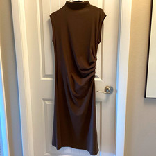 OGL Brown Mock Neck Sleeveless Ruched Sheath Midi Knit Stretch Dress Size L picture