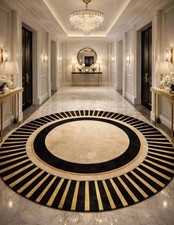Hand Tufted Wool Black Gold Round Rug 8x8 - Sunburst Art Deco Geometric Area Rug picture