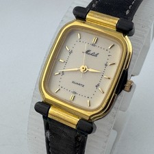 Vintage Michele Quartz Watch Women Gold-Black Rectangle Leather~For Parts Repair picture