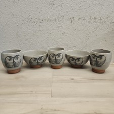 KOTOBUKI Japan terracotta 3 cups and 2 bowls Owls Nuzzling 👁  picture