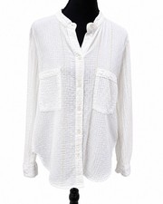 H&M L.O.G.G. Womens 10 White Cotton Gauze Shirt Gold Metallic Stripe Tunic picture