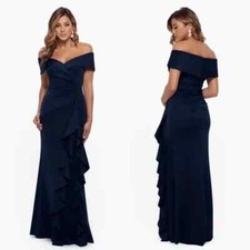 Xscape Navy Blue Ava Off the Shoulder Side Ruffle Evening Gown Size 14 $288 picture