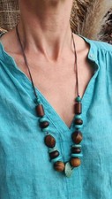 Indian Vintage Chunky Wooden Bead Faux Turquoise Necklace 74gr 45cm picture