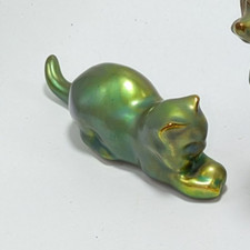 RARE ZSOLNAY PORCELAIN GREEN GOLD EOSIN IRIDESCENT CAT PLAYING  WITH BALL picture