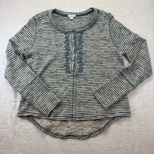 Sundance Shirt Women’s L Teal Striped Cabin Cozy Up Henley Thermal Embroidered picture