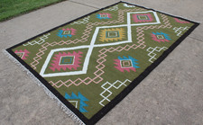 Vintage Sage Green Scandinavian Flatweave Wool Rug - Geometric Boho - 5.3' x8.4' picture