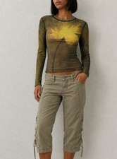 Topshop Mesh Floral Long Sleeve Sheer Top Green Brown Y2K Women’s Medium picture