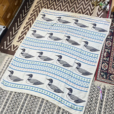 Vintage L.L.Bean Cotton Loon Duck Animal Print Woven Blanket 60 x 48 Cabincore picture