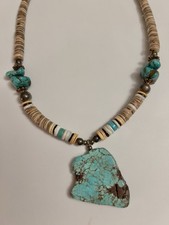 Genuine Turquoise Heishi Shell Bead Necklace Large Turquoise Pendant picture