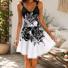 Women's Skull Rose Graphic Print Sleeveless Spaghetti Strap A-Line Mini Dress picture