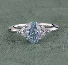 Fancy Vivid Blue Oval Lab Created Engagement Ring ,Wedding Gift For Her picture
