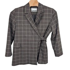 Ganni Brown Plaid Checked Woven adjustable Wrap Blazer Jacket Tie Women's sz 44 picture